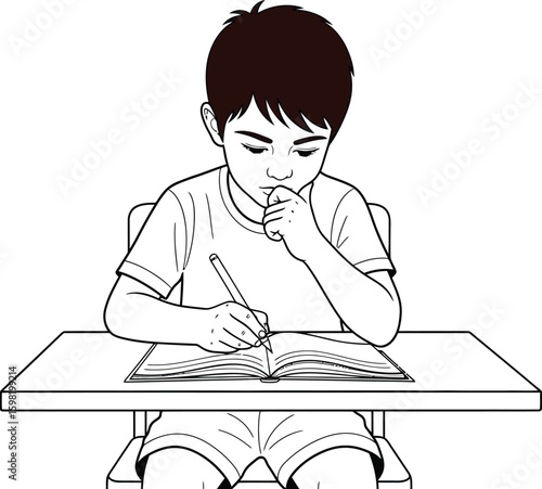 Vector art of a young boy is sitting at his desk and writing in his notebook while studying