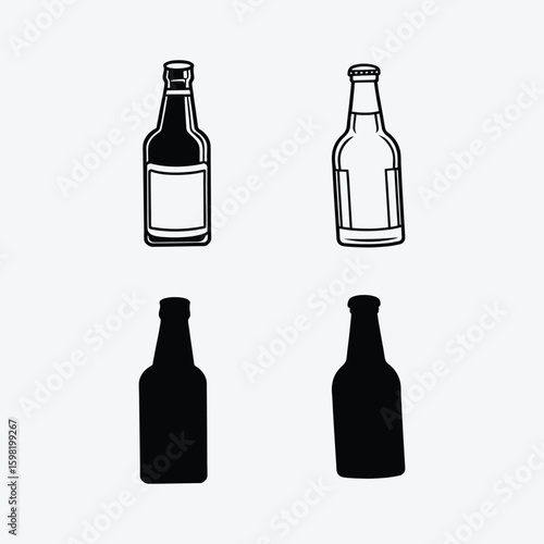 Vector art of set of beer bottles in outline and silhouette