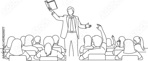 Vector art of a teacher is lecturing to a class of students holding a book and engaging with the audience