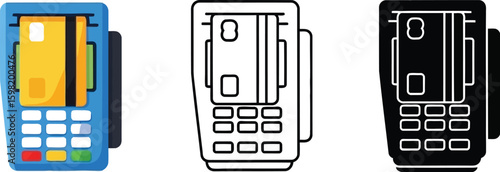 Pos terminal vector illustration set payment machine with credit card reader for financial transactions