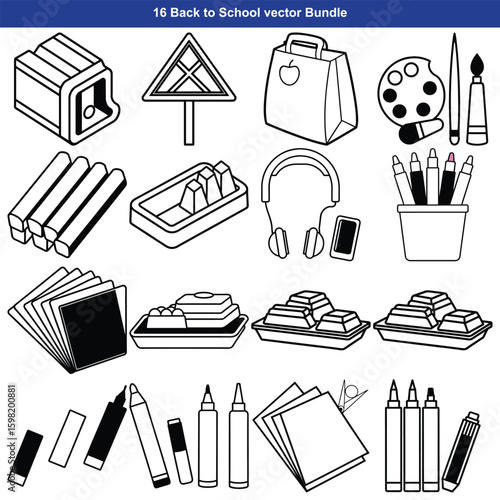 Collection of school and office supplies in black and white line art