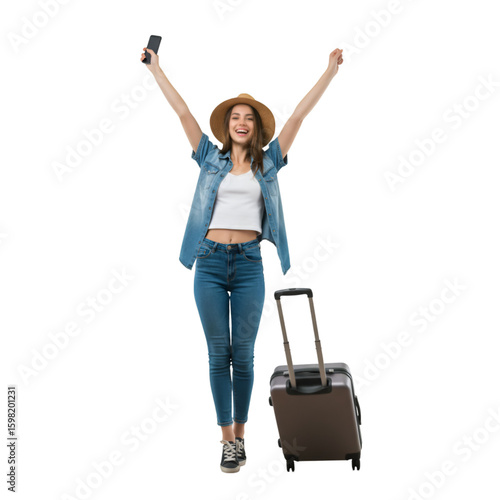 Isolated Photo of Joyful Traveler with Suitcase