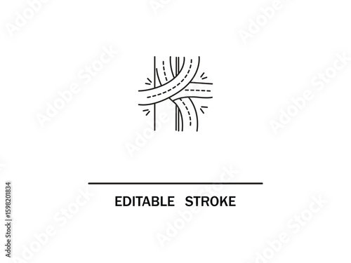 Roads with dashed lines crossing each other in abstract black and white design concept. Road junction with editable stroke is a simple design showing transportation infrastructure.