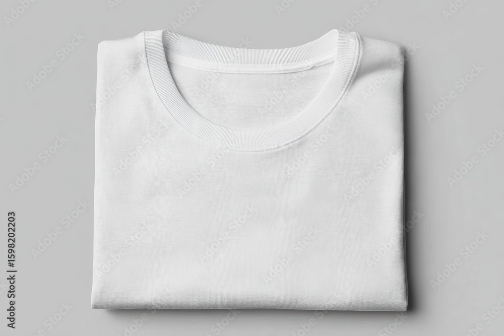 folded white crew neck men's t-shirt on a light gray background, top view, flat lay, clean minimalist mockup, smooth fabric texture folded white crew neck men's t-shirt on a light gray background, top view, flat lay, clean minimalist mockup, smooth fabric texture