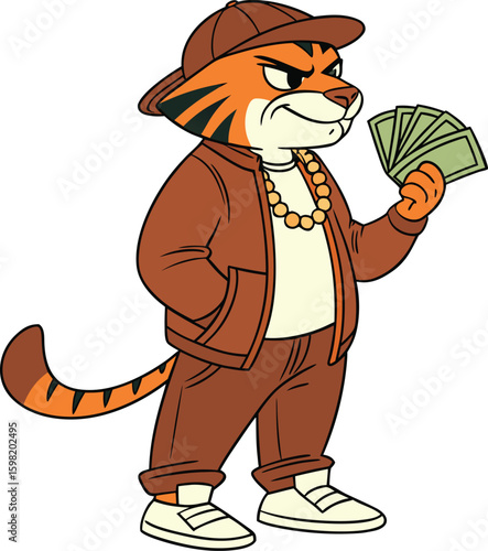Fierce Cartoon Tiger Standing Upright, Wearing Hip Hop Streetwear and Holding Money