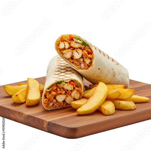 Photo of Chicken Wrap with Potato Wedges on Wooden Board