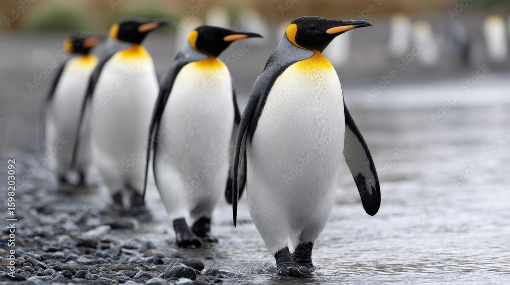 Fototapeta premium A close-up of several king penguins walking on a pebbled beach, with shallow waves reflecting the morning light. 