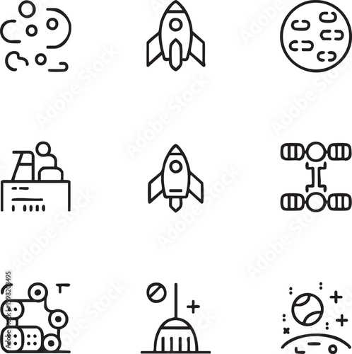 Space and science vector icon set outline style,editable stroke rocket,planet,moon,satellite,scientist,research,chemistry,broom,universe icon set