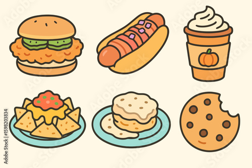 Cute hand-drawn food vector set of classic USA snacks. Great for event menus, kid apps, and food court illustrations in a cartoon pastel style.

