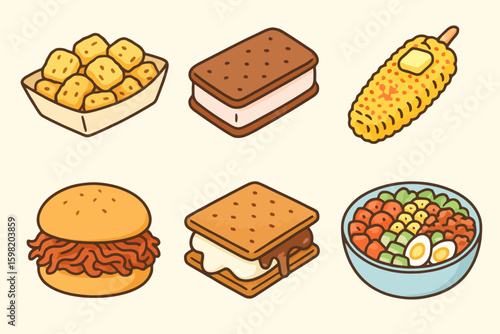 Hand-drawn food icons of American fair favorites: tater tots, pulled pork sandwich, s’mores, grilled corn, cobb salad, and ice cream sandwich.