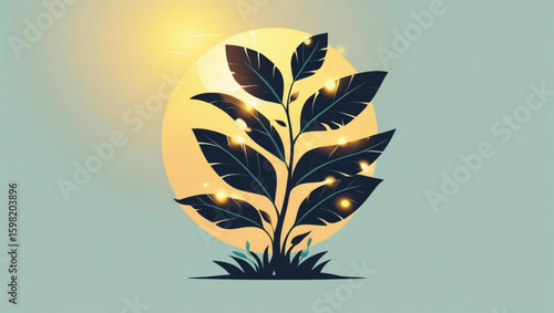 Modern illustration of a potted plant backlit by the sun, symbolizing growth, sustainability, and new beginnings.