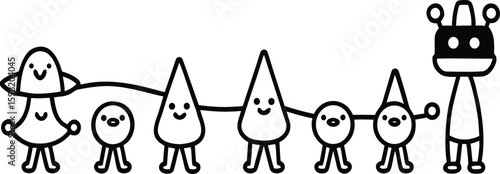Vector art of a simple black and white line drawing of various cute, funny cartoon characters connected by a string isolated on transparent background.