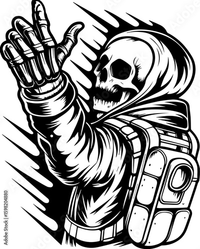 SVG Skeleton Warrior Characters in tattoo style. Grim Reaper with Backpack in a Bold Graphic Art Style