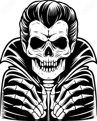 SVG Skeleton Warrior Characters in tattoo style. Ghostly Skull Figure in Dark Cloak with Classic Hair Style
