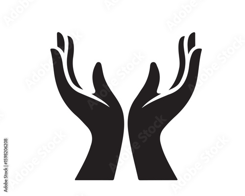 A graphic illustration of two black hands reaching upwards symmetrically on a white background design element