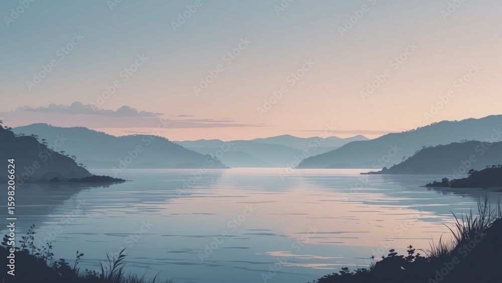 Fototapeta premium Serene lake landscape with distant mountains and calm waters during dusk.