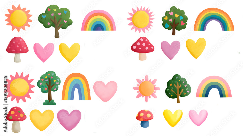 Fototapeta premium A repeating pattern of suns trees rainbows hearts and mushrooms on a black background design element