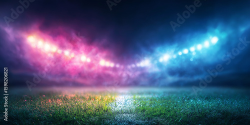 Illuminated stadium field with vivid pink and blue stadium lights