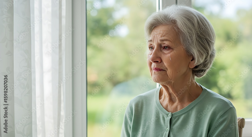 Fototapeta premium Grandma is pensive beside the window