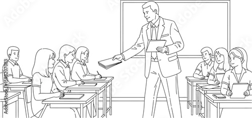 Vector art of a teacher is handing out papers to students in a classroom setting with desks and a chalkboard