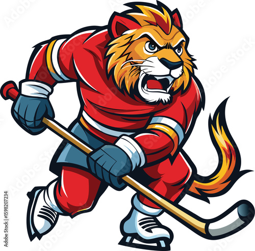 Dynamic and Energetic Sports Team Mascot - Fierce Cartoon Lion Playing Ice Hockey