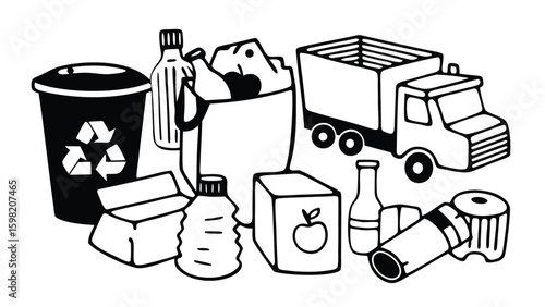 Illustration of a recycling bin, bottles, cardboard, a bag, and a truck for waste collection