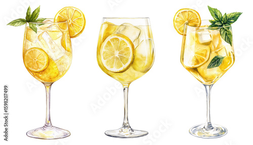 Watercolor illustration of three Limoncello Spritz cocktails in wine glasses with lemon slices, ice cubes and mint leaves, hand-painted summer drink set for kitchen decor and product design