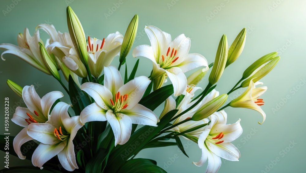 Naklejka premium Beautiful white lilies with orange accents, fresh and vibrant, arranged against a soft gradient background.