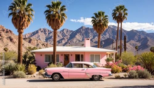 A pink vintage car parked outside a matching pink house, with palm trees and mountains in the background. The scene evokes a dreamy, retro vibe full of charm and color.