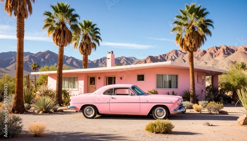 A pink vintage car parked outside a matching pink house, with palm trees and mountains in the background. The scene evokes a dreamy, retro vibe full of charm and color.
