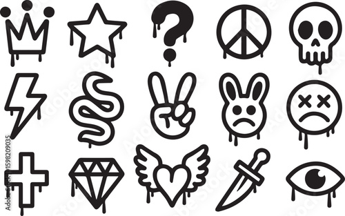 Graffiti grunge spray paint, street ink art. Vector skull, crown, dead smile emoji and peace symbol spray paint and ink graffiti. Hand drawn arrow, winged heart, eye and arrow grunge street