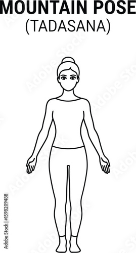 A minimalist line art illustration showcases a woman in the Mountain Pose, also known as Tadasana, a fundamental yoga asana promoting balance and grounding.