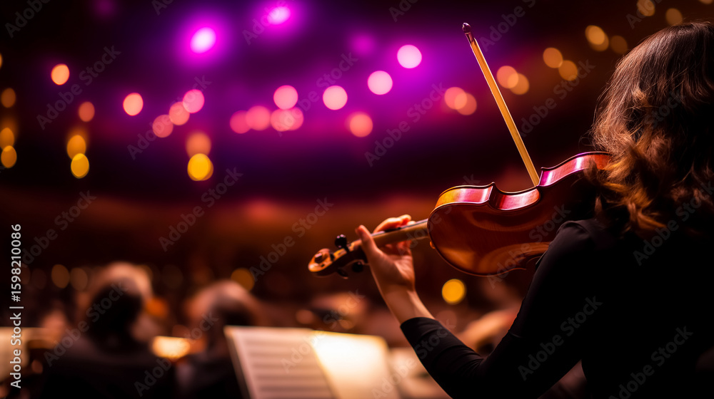 Fototapeta premium Violinist plays passionately with focus on instrument under soft purple lighting. Concert hall setting creates warm ambiance. Concept of music performance, live events, orchestras