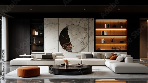 Modern living room interior design with marble accents and warm lighting.