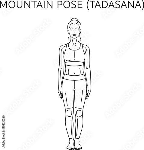 A woman is depicted in a line drawing, demonstrating the Mountain Pose, also known as Tadasana, a fundamental standing asana in yoga, promoting balance and grounding.