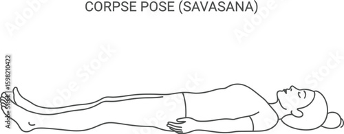 Line art illustration showcases a woman in Corpse Pose, also known as Savasana, a relaxing yoga asana promoting mindfulness and stress relief through mindful relaxation.
