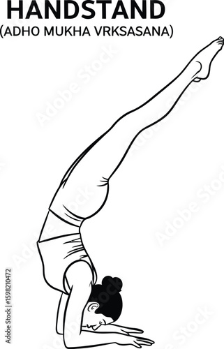 A graceful handstand pose, also known as Adho Mukha Vrksasana, showcases balance and strength in this yoga illustration, perfect for fitness and wellness content.