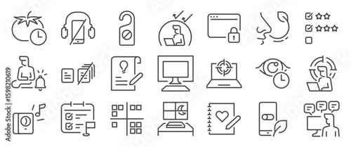 Focus tool icon set. It included mindful, productivity, work, balance, concentrate, habit, and more icons. Editable Vector Stroke.