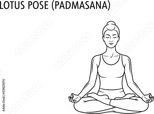 A serene line art illustration showcases a woman in the lotus pose, also known as Padmasana, a classic yoga posture promoting relaxation and mindfulness, perfect for wellness content.