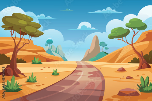 Desert road journey with arid landscape and sky