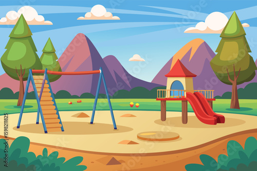 Vibrant cartoon playground with swings and slide