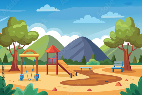Vibrant cartoon playground with slides and swings