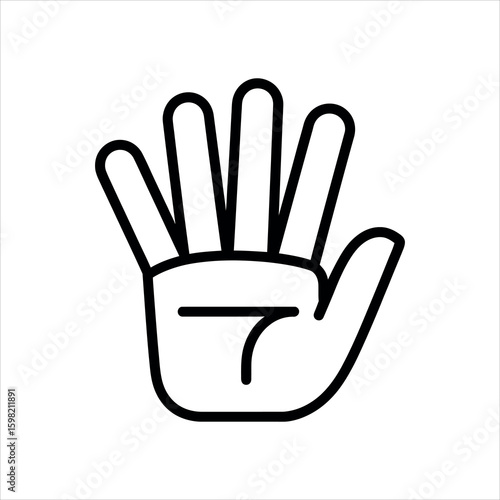 Black outline of a hand with five fingers spread open on white background open hand palm