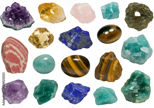 Isolated Set of Colorful Gemstones on Transparent Background