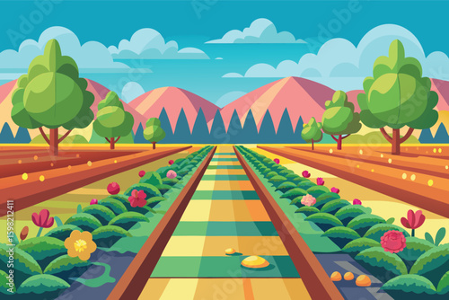 Cartoon train tracks through lush green fields and mountains