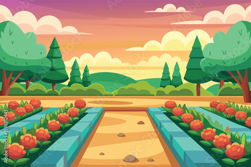 Vibrant formal garden path at sunset
