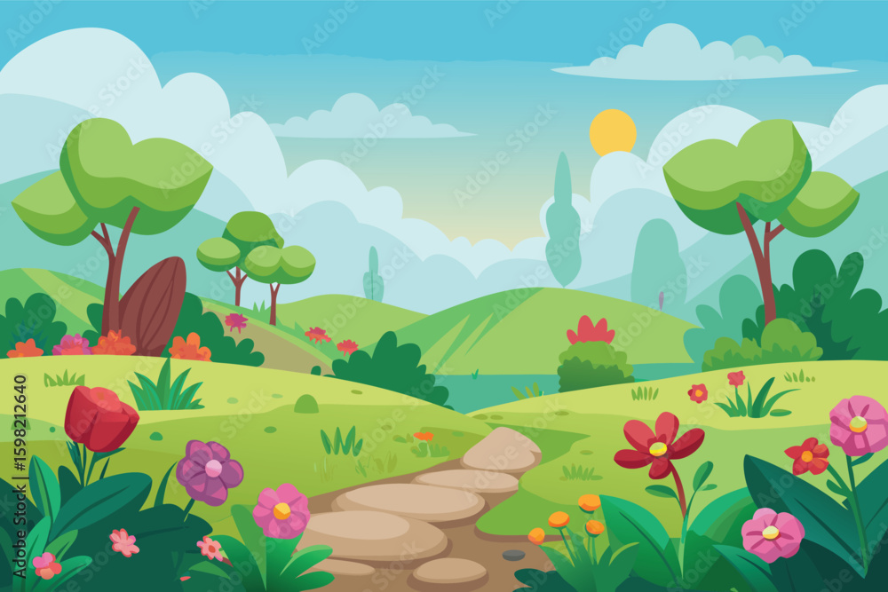 Fototapeta premium Vibrant cartoon meadow with winding path and blooming flowers