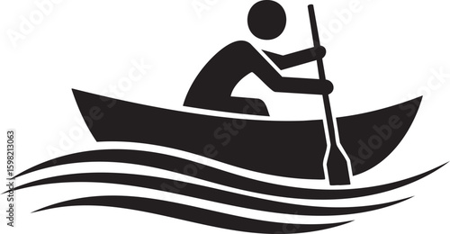 Silhouette of a person rowing a boat across wavy water depicted in a simple graphic style