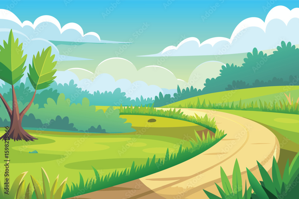Fototapeta premium Cartoon countryside road with green hills and blue sky