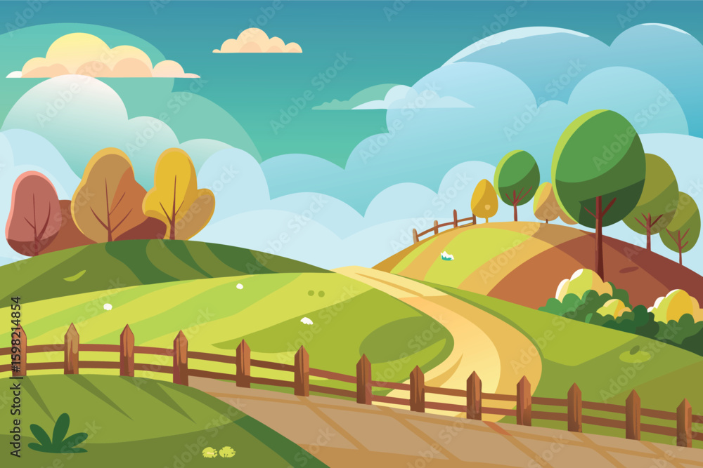 Fototapeta premium Vibrant countryside landscape with winding path and autumn trees